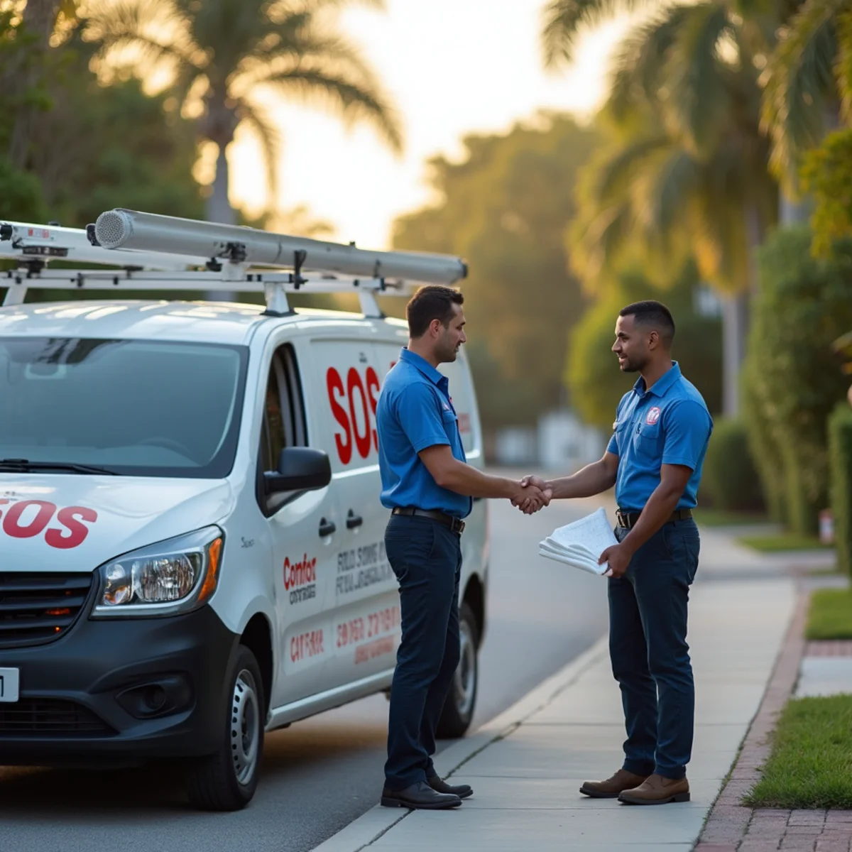 Comfort SOS service van and technician servicing air conditioning in Miami Lakes, FL