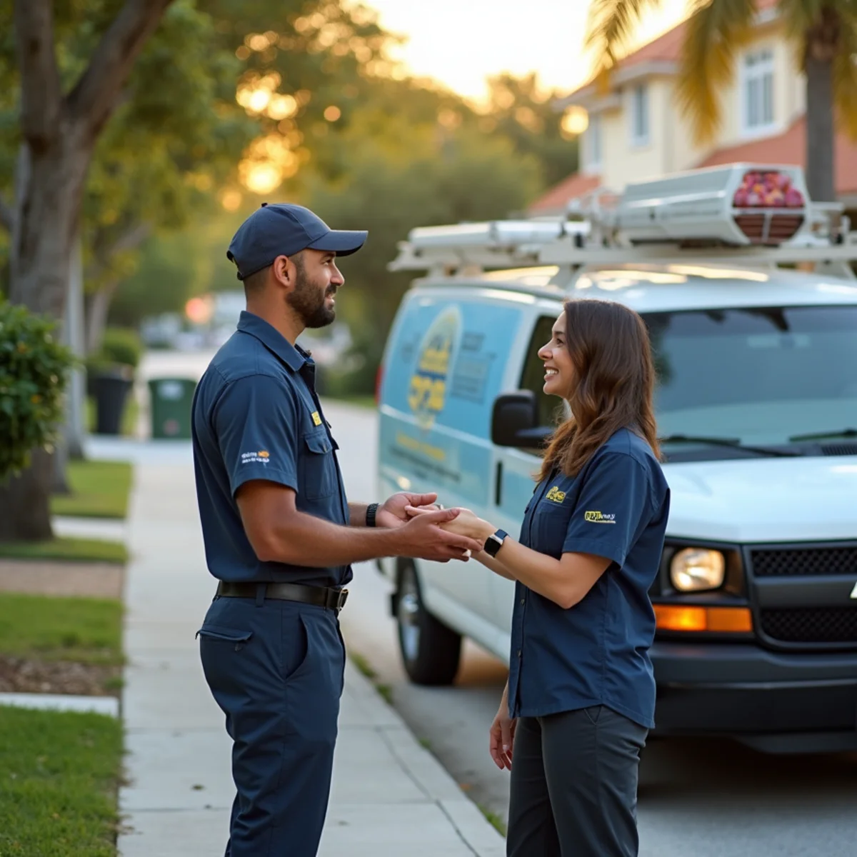Comfort SOS service van and technician servicing air conditioning in Miami Springs, FL