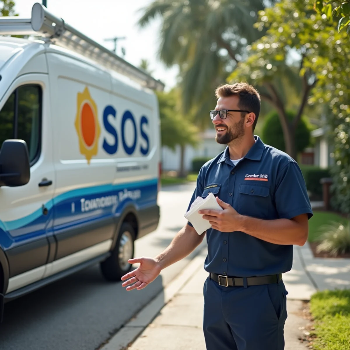 Comfort SOS service van and technician servicing air conditioning in North Miami Beach, FL