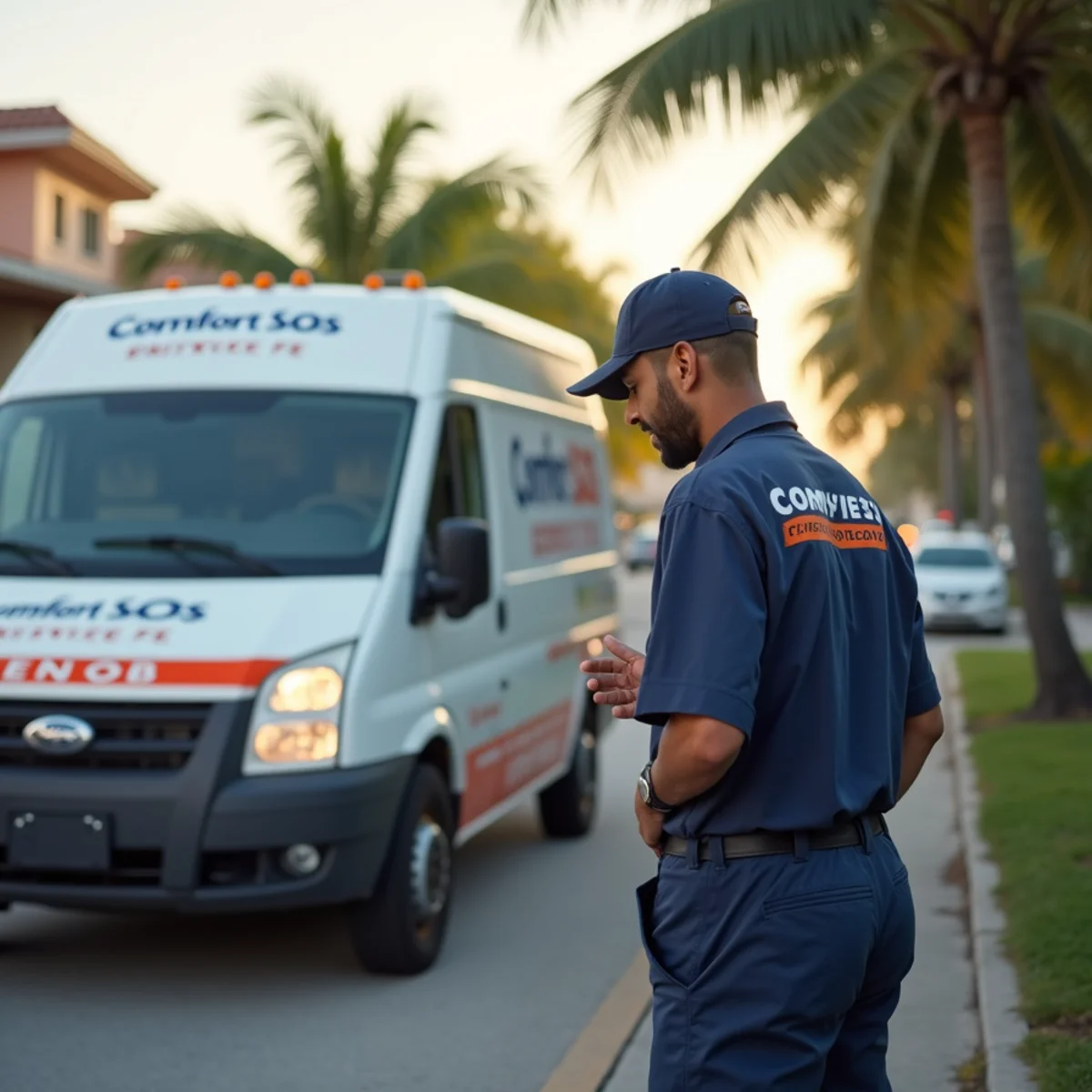 Comfort SOS service van and technician servicing air conditioning in North Miami, FL