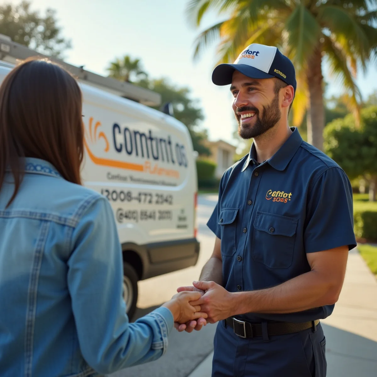 Comfort SOS service van and technician servicing air conditioning in Oakland Park, FL
