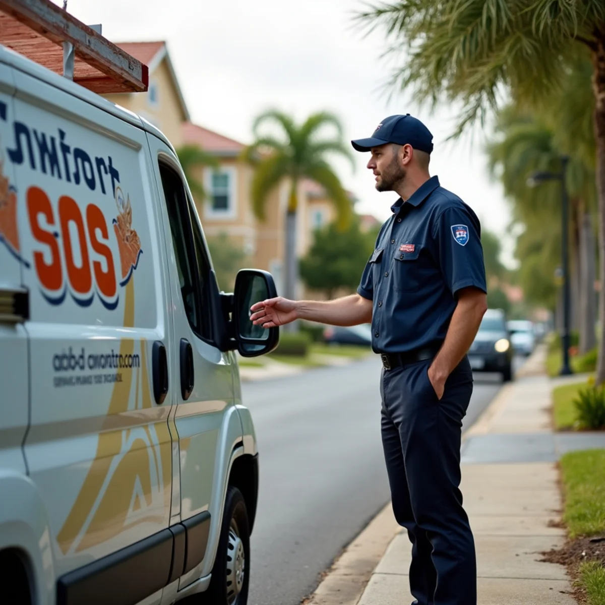 Comfort SOS service van and technician servicing air conditioning in Fountainhead / Westchester adj — Olympia Heights, FL