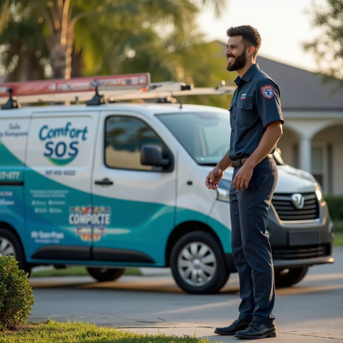Comfort SOS service van and technician servicing air conditioning in Plantation, FL