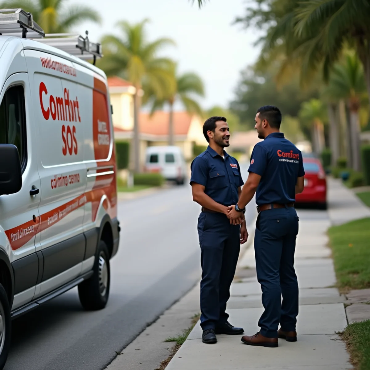Comfort SOS service van and technician servicing air conditioning in Pompano Beach, FL