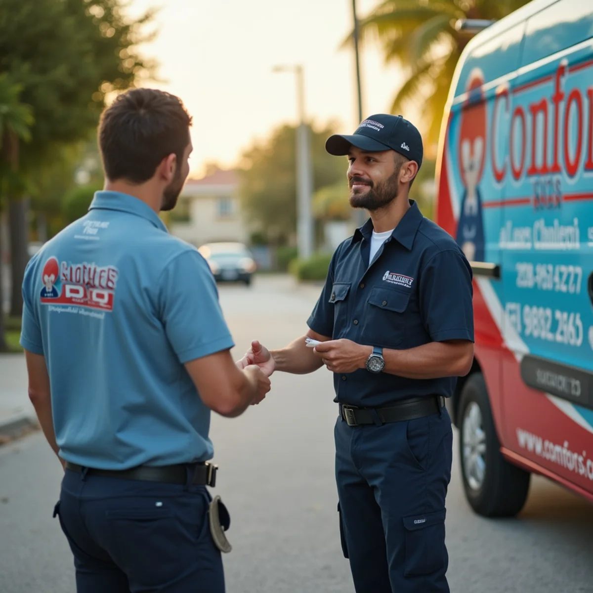 Comfort SOS service van and technician servicing air conditioning in South Miami, FL