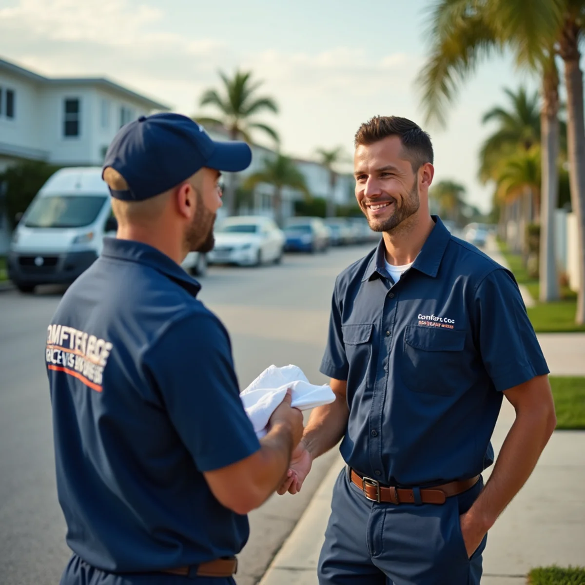 Comfort SOS service van and technician servicing air conditioning in Sunny Isles Beach, FL