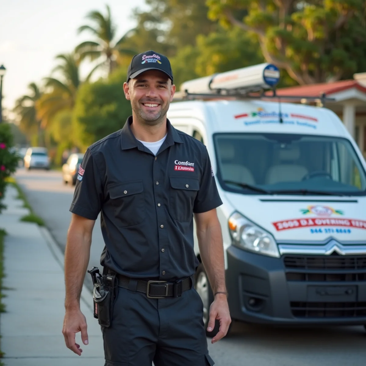 Comfort SOS service van and technician servicing air conditioning in Surfside, FL