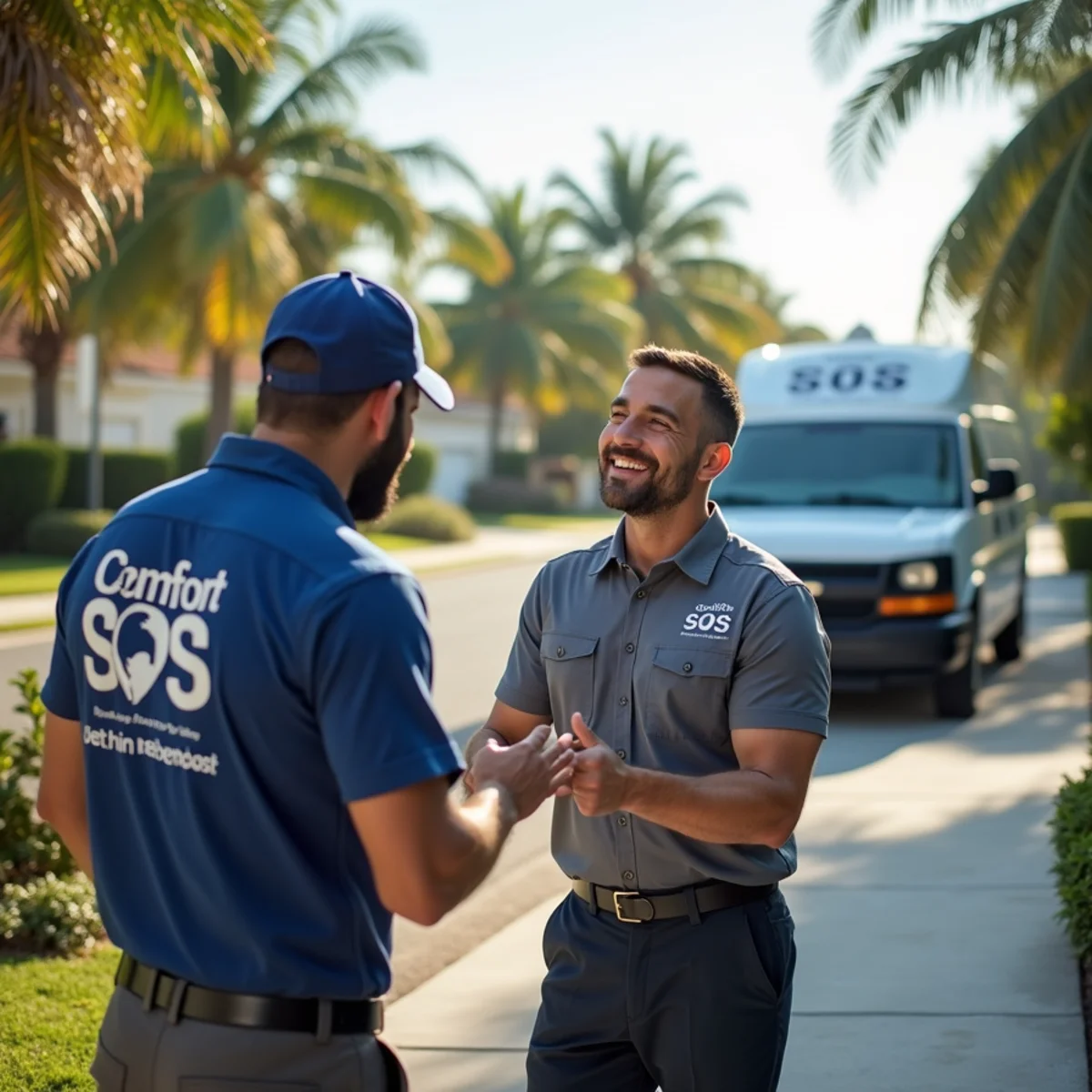 Comfort SOS service van and technician servicing air conditioning in Tamiami, FL