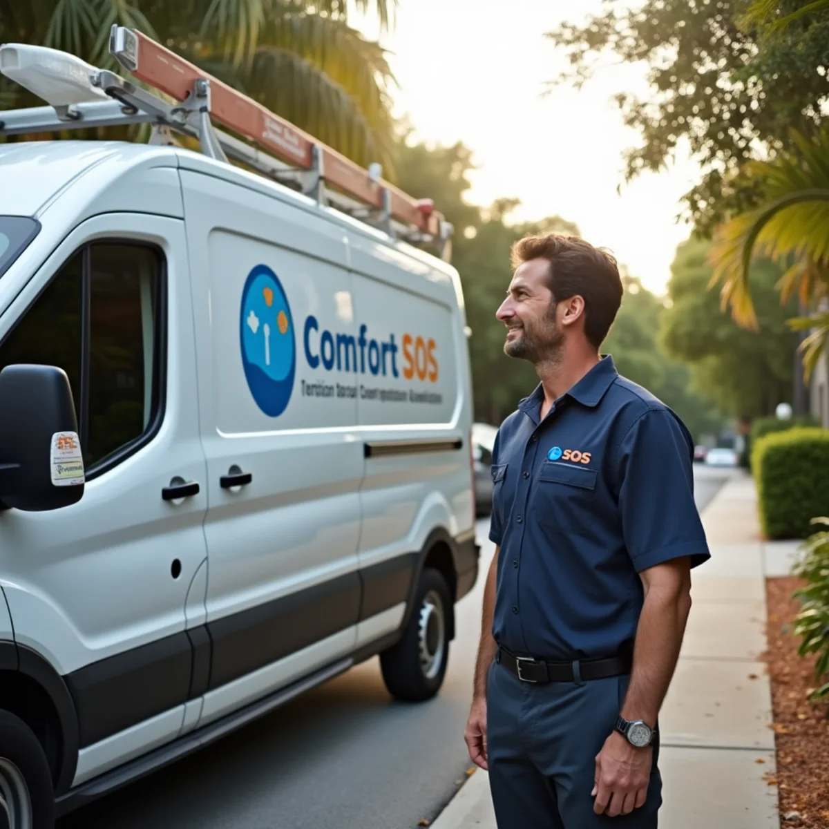 Comfort SOS service van and technician servicing air conditioning in Virginia Gardens, FL