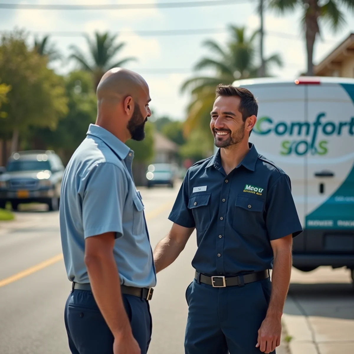 Comfort SOS service van and technician servicing air conditioning in West Little River, FL
