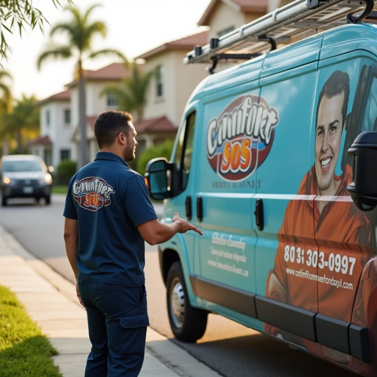 Comfort SOS service van and technician servicing air conditioning in West Palm Beach, FL