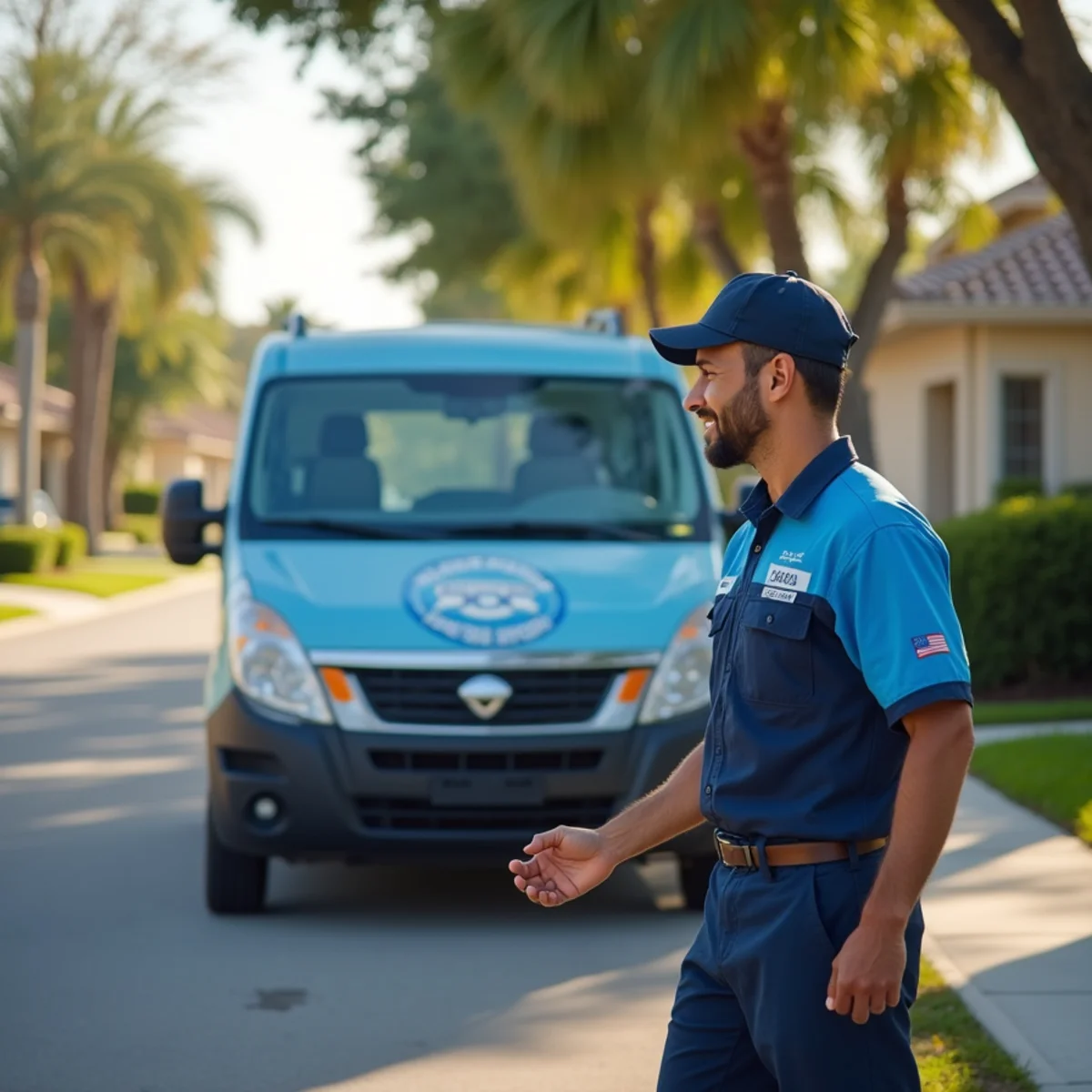 Comfort SOS service van and technician servicing air conditioning in Westview, FL
