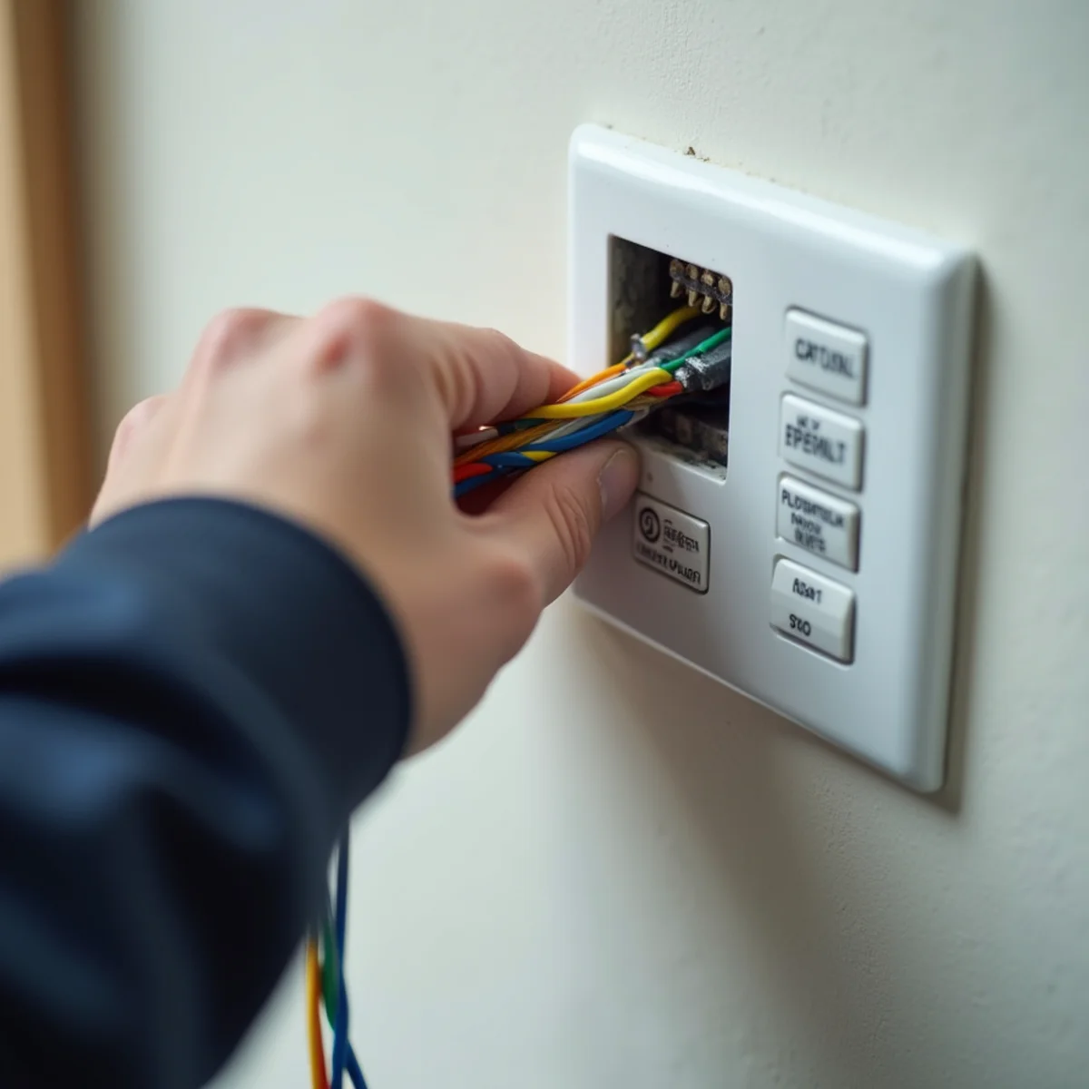 Close-up of color-coded thermostat wire bundle neatly arranged into labeled wall plate terminals during thermostat installation in South Florida