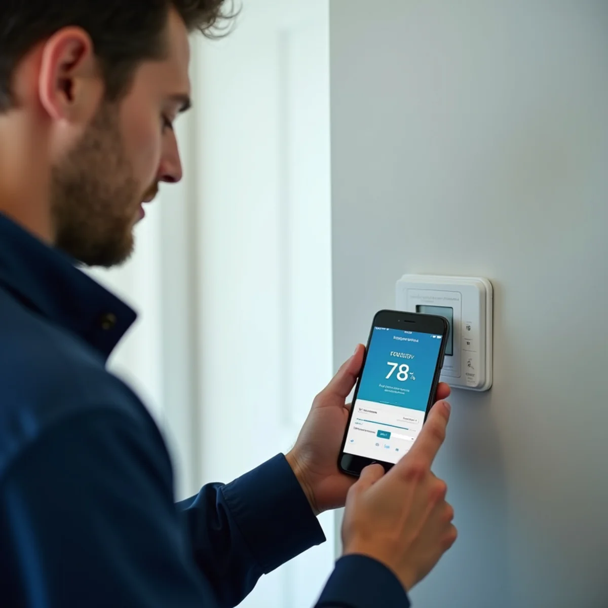 Smartphone in technician's hand displaying hvac temperature schedule app next to newly installed wall thermostat during thermostat installation in South Florida